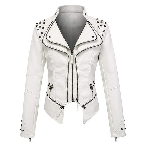 Yourumao Fall Clearance Fall Faux Leather Jackets for Women Studded Rivet Lapel Motorcycle Coat Fashion Solid Long Sleeve Moto Biker Blazer Jackets