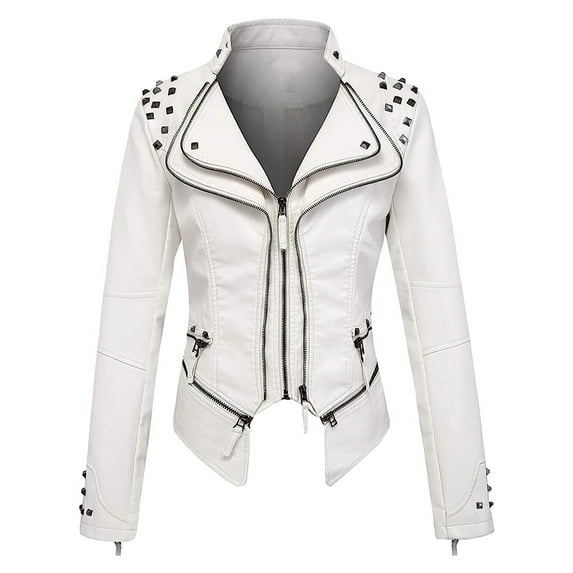 Yourumao Fall Clearance Fall Faux Leather Jackets for Women Studded Rivet Lapel Motorcycle Coat Fashion Solid Long Sleeve Moto Biker Blazer Jackets