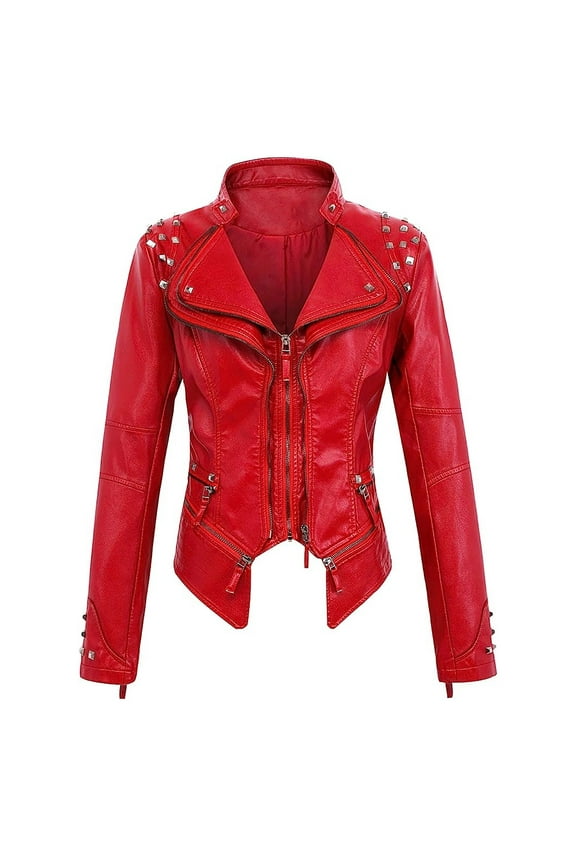 Fall Clearance Fall Faux Leather Jackets for Women Studded Rivet Lapel Motorcycle Coat Fashion Solid Long Sleeve Moto Biker Blazer Jackets