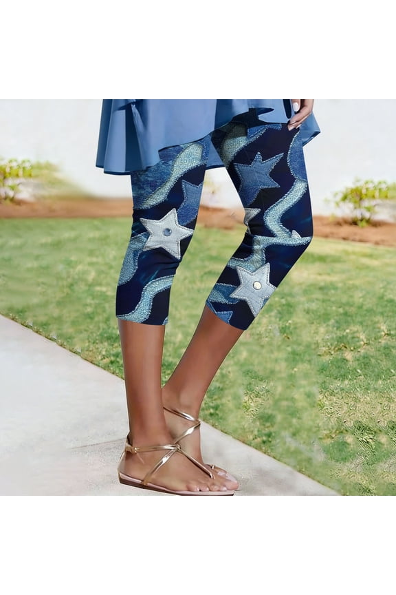 Faux Denim Leggings for Women Elastic Waist Capri Pants Stretchy Comfy Graphic Capris Lounge Summer Weekend Pants