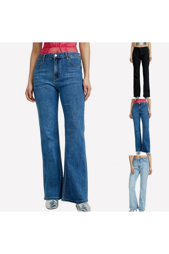 Flare Jeans for Women Retro High Elastic Waisted Bell Bottom Jeans Bootcut Denim Pants Summer Trendy Jeans with Pocket