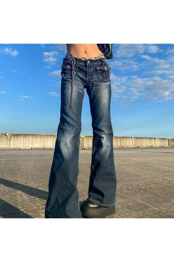 Flare Jeans for Women Trendy Elastic Waisted Bell Bottom Jeans Loose Bootcut Denim Pants Streetwear Jeans with Pocket