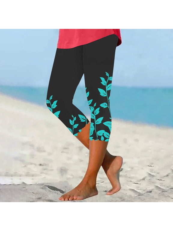 Floral Capri Leggings for Women High Waist Skinny Capris Soft Comfy Scalloped Hem Tights Slim Fit Leisure Resort Pants