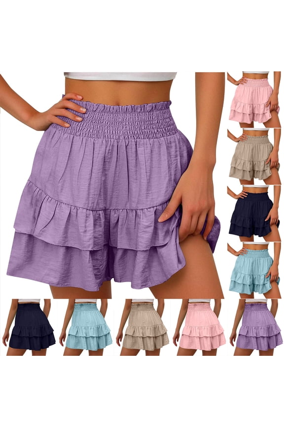 Flowy Ruffle Shorts for Women Pleated High Waist Shorts Solid Comfy Ruffled Hem Pants Loose Summer Fashion Shorts