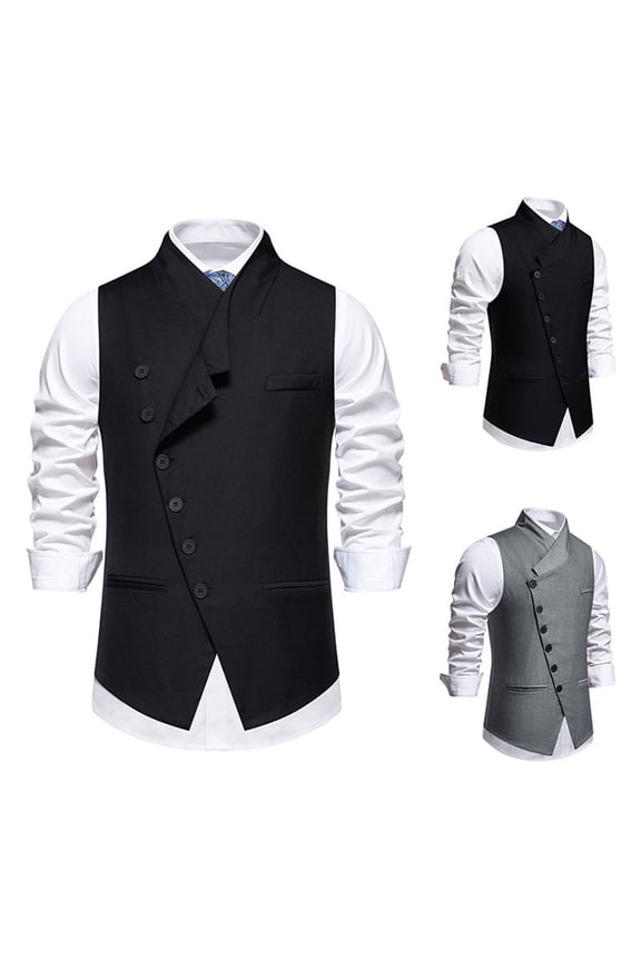 Formal Suit Vest for Men Button Down Wrap Vests V Neck Sleeveless Jacket Solid Stand Collar Tops with Pocket for Business Wedding Party