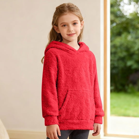 Yourumao Fuzzy Hoodies for Girls 5-14 Years Fleece Long Sleeve Hooded Pullover Comfy Solid Color Sweatshirts with Pockets