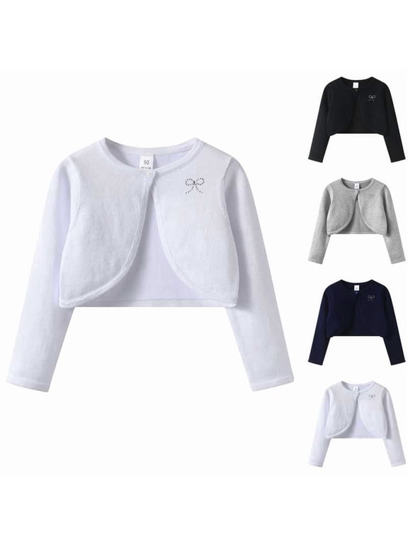 Girls Cardigan Bow Rhinestone Cropped Knit Cardigan Long Sleeve Cute Casual Shrug Single Button Fall Outdoor Cover up 1-13Y
