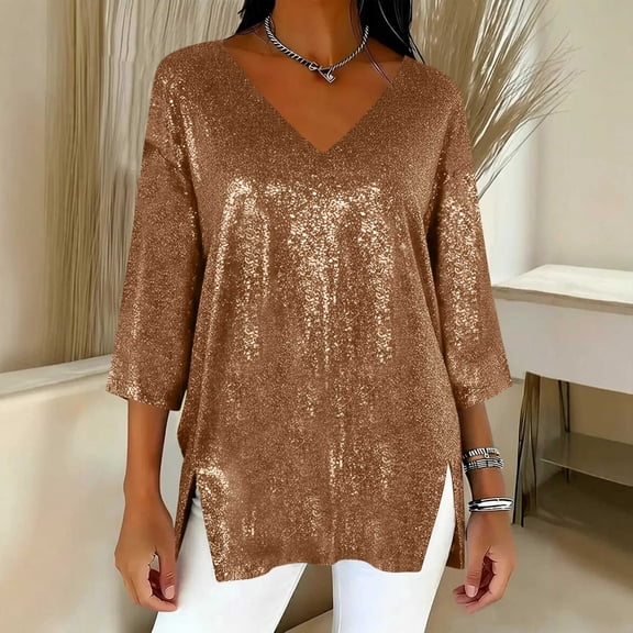 Yourumao Glitter 3/4 Sleeve Tops for Women Trendy V Neck Shirts Solid Split Hem Tunic Sparkle Fashion Party Club T-shirts