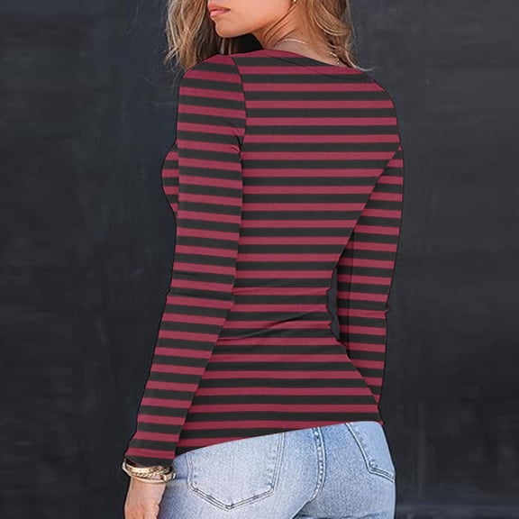 Yourumao Half Button Henley Shirts for Women Striped Ribbed Knit Tops Trendy Long Sleeve Blouses Spring Casual Tshirts