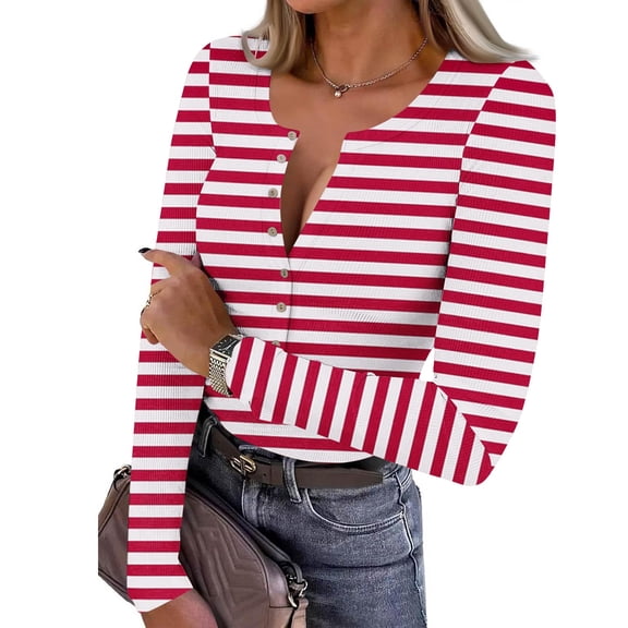 Yourumao Half Button Henley Shirts for Women Striped Ribbed Knit Tops Trendy Long Sleeve Blouses Spring Casual Tshirts