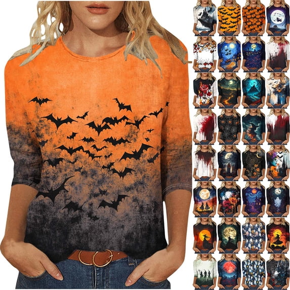 Yourumao Halloween Shirts for Women Crew Neck 3/4 Sleeve Tops with Pumpkin Print Plus Size Casual Graphic Tees for Going Out