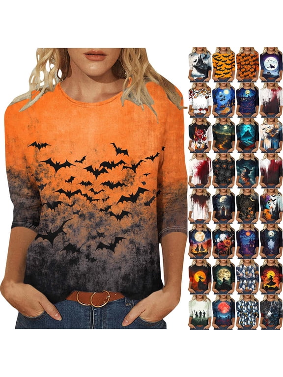 Halloween Shirts for Women Plus Size Witch Printed 3/4 Sleeve Tops Crewneck Lightweight Graphic Tees for Fall Party
