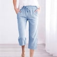 thumbnail image 1 of Yourumao Linen Capri Pants for Women Striped Straight Leg Capris Lightweight Elastic Drawstring Waist Loose Pants for Lounge Beach with Pocket, 1 of 7
