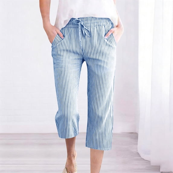 Yourumao Linen Capri Pants for Women Striped Straight Leg Capris Lightweight Elastic Drawstring Waist Loose Pants for Lounge Beach with Pocket