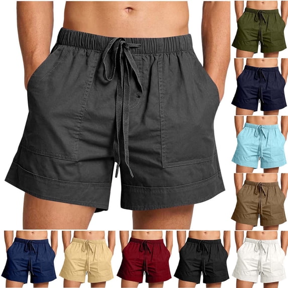 Yourumao Linen Shorts for Men Drawstring Elastic Waist Beach Travel Shorts Solid Lightweight Casual Pants Summer Vacation Shorts with Pockets