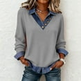 thumbnail image 1 of Yourumao Long Sleeve Shirts for Women Denim Patchwork Tops Jean V Neck Lapel Collar Hoodies Vintage Comfy Pullover Office Work Tshirts, 1 of 7