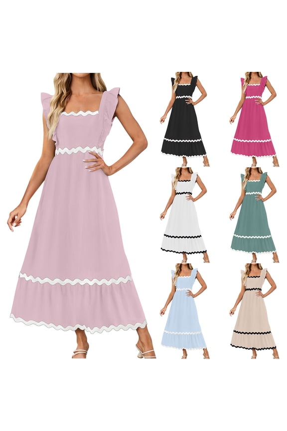 Maxi Dresses for Women Ruffled Sleeve A-Line Long Dress Square Neck Scalloped Hem Flowy Dress Afternoon Tea Party Clothes