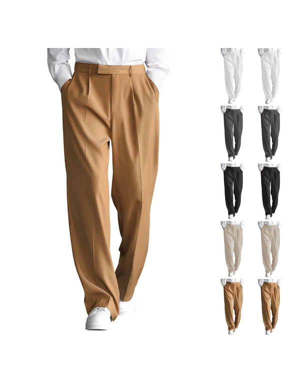Men's Pleated Baggy Dress Pants High Waisted Wide Leg Pants Solid Casual Work Trousers with Pockets Slacks for Men