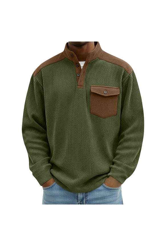 Mens Corduroy Tops Button Up Stand Collar Henley Shirts Color Block Long Sleeve Vintage Outgoing Tshirts with Pocket