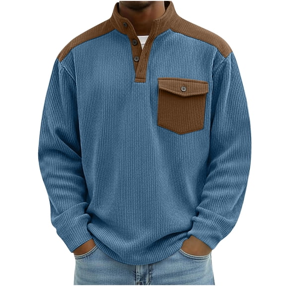 Yourumao Mens Corduroy Tops Button Up Stand Collar Henley Shirts Color Block Long Sleeve Vintage Outgoing Tshirts with Pocket