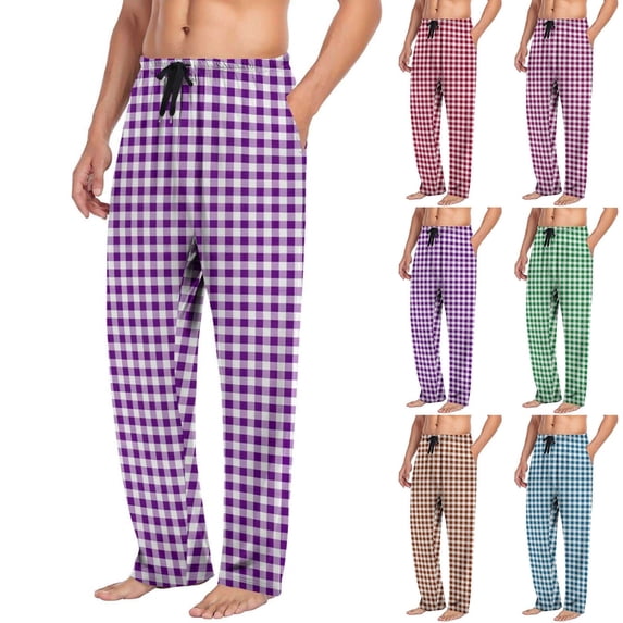 Yourumao Mens Gingham Plaid Pajama Pants Straight Leg Sleep Pant Drawstring Elastic Waist Comfy Lounge Pj Bottoms with Pockets