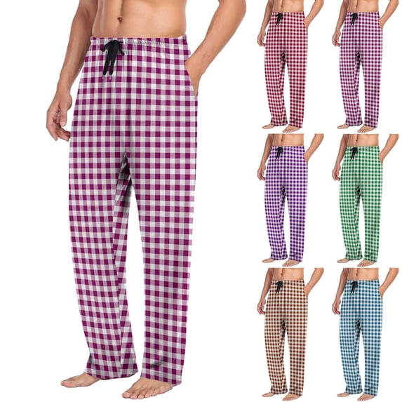 Yourumao Mens Gingham Plaid Pajama Pants Straight Leg Sleep Pant Drawstring Elastic Waist Comfy Lounge Pj Bottoms with Pockets