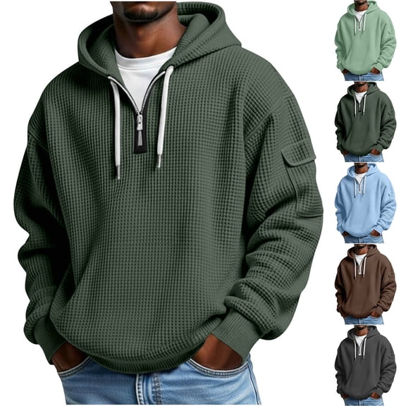Yourumao Mens Quarter Zip Hoddies Waffle Drawstring Hooded Sweatshirts Vintage Solid Long Sleeve Pullover Cozy Big and Tall Tops