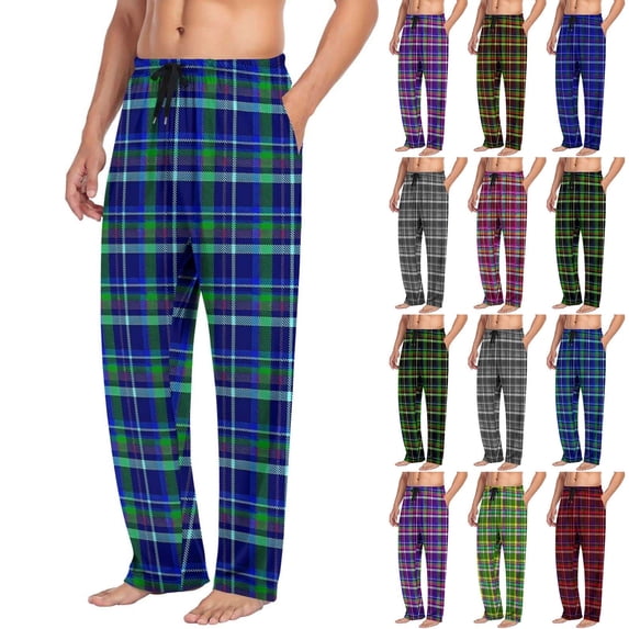 Yourumao Mens Tartan Plaid Pajama Pants Gingham Straight Leg Lounge Pant Elastic Drawstring Waist Comfy Lounge Pj Bottoms with Pockets