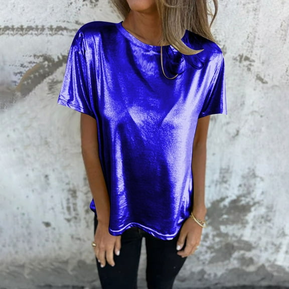 Yourumao Metallic Tops for Women Glitter Dressy Round Neck Shirts Sparkle Solid Short Sleeve Shirt Comfy Shiny Party Club T-Shirts