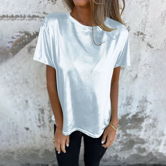 Yourumao Metallic Tops for Women Glitter Dressy Round Neck Shirts Sparkle Solid Short Sleeve Shirt Comfy Shiny Party Club T-Shirts