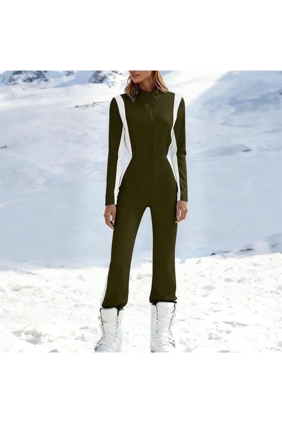 One Piece Ski Suits for Women Stand Collar Zipper Front Long Sleeve Ski Jumpsuit Warm Winter Outdoor Snow Suits