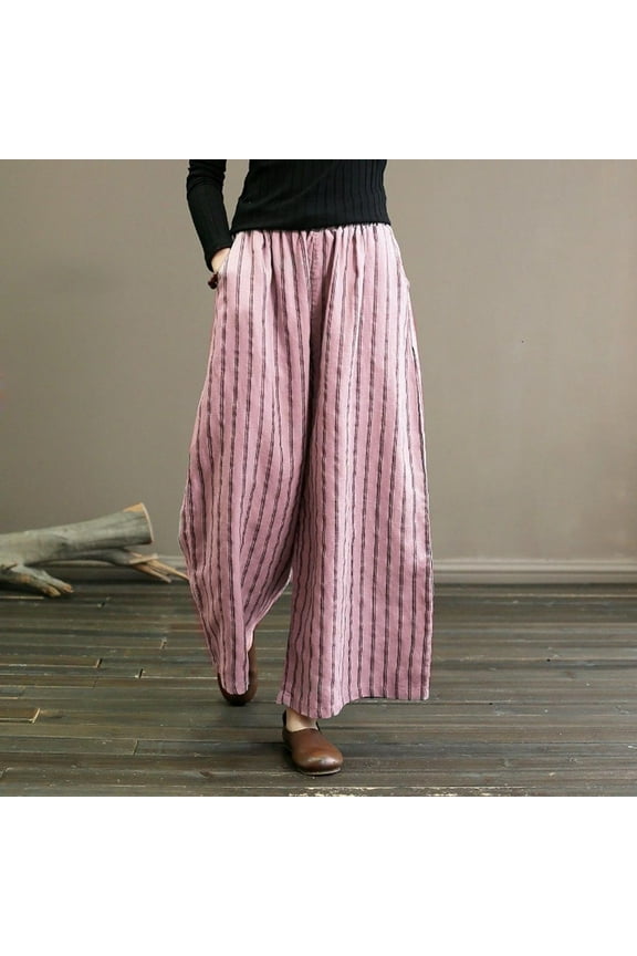 Palazzo Pants for Women Plus Size Drawstring Pants Vintage Stripes Wide Leg Pants Loose Thin Dropped Capri Trousers with Pockets