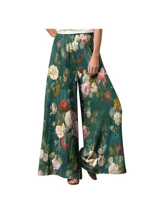 Women's Boho Pants Harem Vintage Floral Print High Waisted Wide Leg Long  Palazzo Bell Bottom Yoga Pants 