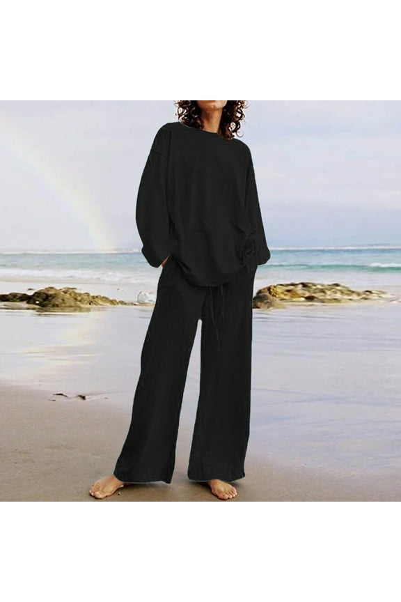 Pants Suit for Women 2 Pieces 2023 Cotton Linen Plus Size Suits Long Sleeve Round Neck Tops High Waisted Drawstring Palazzo Pants Sets with Pockets