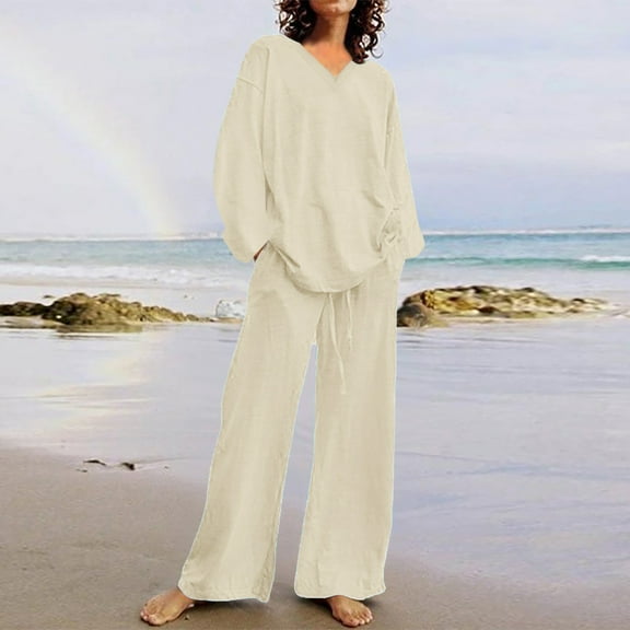 Yourumao Pants Suit for Women 2 Pieces 2023 Cotton Linen Plus Size Suits Long Sleeve Round Neck Tops High Waisted Drawstring Palazzo Pants Sets with Pockets