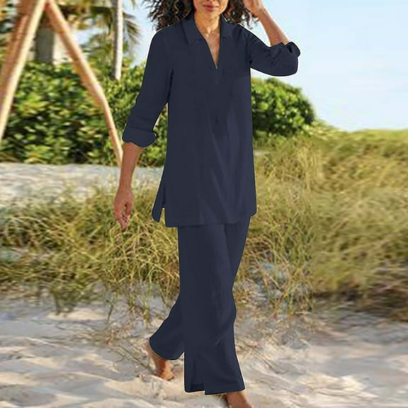 Yourumao Pants Suit for Women 2 Pieces 2023 Cotton Linen Plus Size Suits Long Sleeve Turndown Tops Solid High Waisted Palazzo Pants Sets