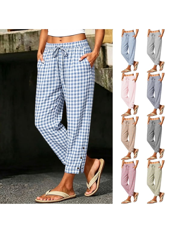 Plaid Cropped Pants for Women Drawstring Elastic Waist Straight Leg Pant with Snap Button Side Loose Casual Lounge Vacation Trousers