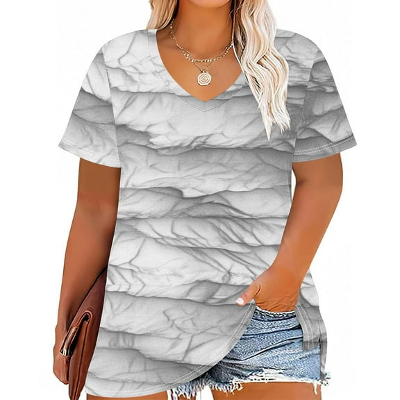 Yourumao Plus Graphic Tops for Women Oversized Casual V Neck Shirts Loose Summer Vacation Short Sleeve Blouses Comfy Beach T-shirts
