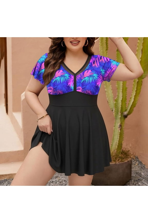 Plus Size One Piece Swimsuit Women with Skirts Lace Patch Ruffle Tankini Bathing Suit V Neck Short Sleeve Swimwear for Beach Swimming