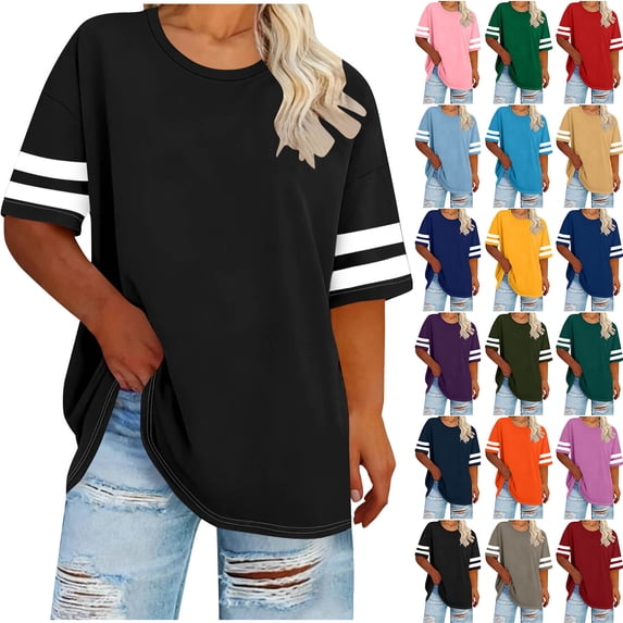 Yourumao Plus Size Tops for Curvy Women Striped Short Sleeve Top Crew Neck Loose Casual Tunics Summer Vacation and Outings Blouses