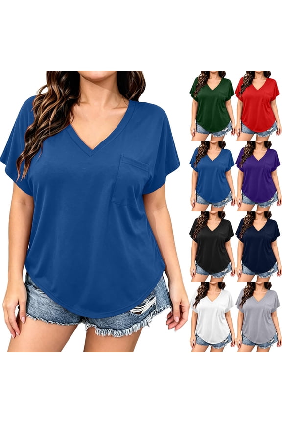 Plus Size Tops for Women Short Sleeve Tunics with Pockets V Neck Loose Casual Shirts Solid Color Summer Outdoor Tshirts
