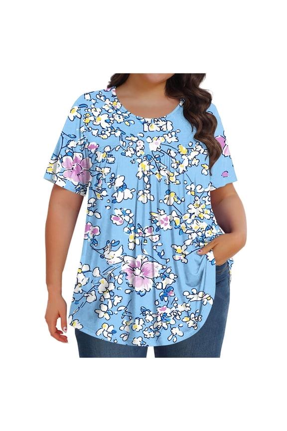 Plus Size Tunic Tops for Women Peplum Floral Short Sleeve Shirts Pleated Round Neck Tshirts Comfy Loose Casual Tees Weekend Outdoor Blouses Sky Blue L