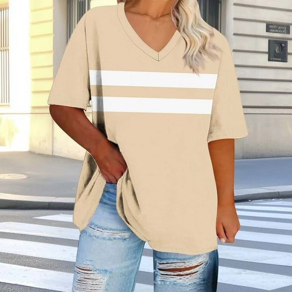 Yourumao Plus Tops for Women Casual Striped V Neck Shirts Flowy Fit Short Sleeve Blouses Comfy Tees Oversized Spring Summer Tshirts Soft Top