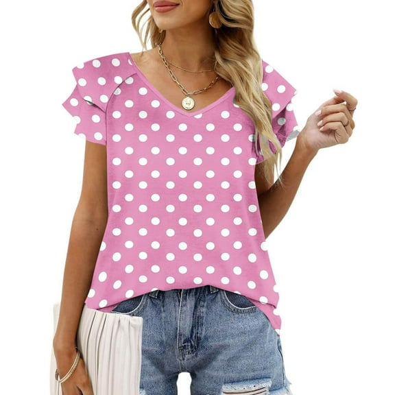 Yourumao Polka Dots Tops for Women Fashion Casual Petal Sleeve Shirts Dressy Loose V Neck Blouses Spring Summer Going Out T-Shirts