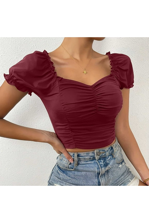 Puffed Sleeve Tops for Women Fitted Pleated Square Neck Shirts Stylish Crop Blouses Dressy Solid Color Tees Summer Trendy T-Shirt