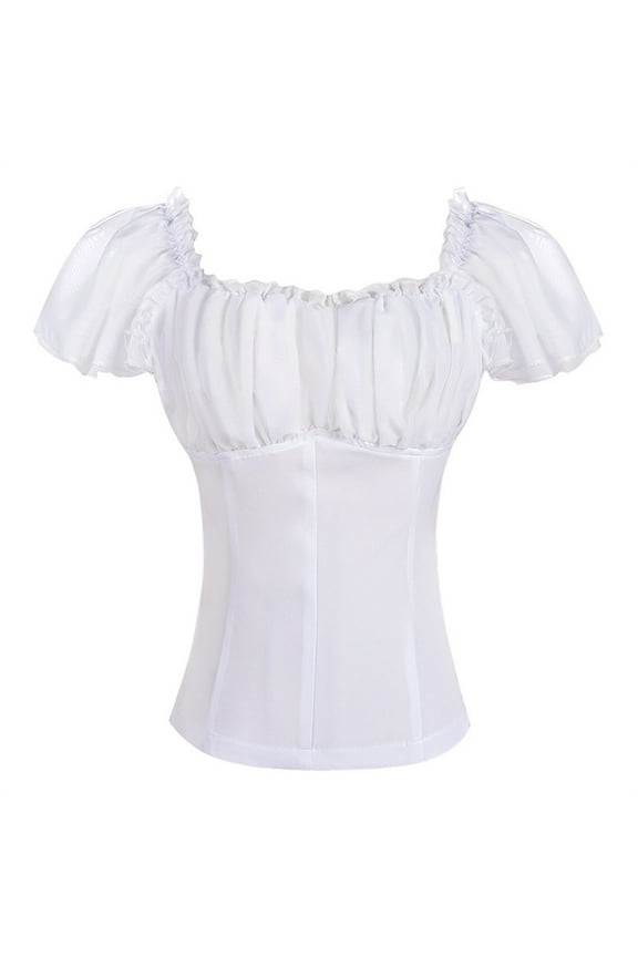 Puffed Sleeve Tunics for Women Dressy Casual Square Neck Tops Summer Pleated Front Blouses Solid Pinnp Shirts for Vacation