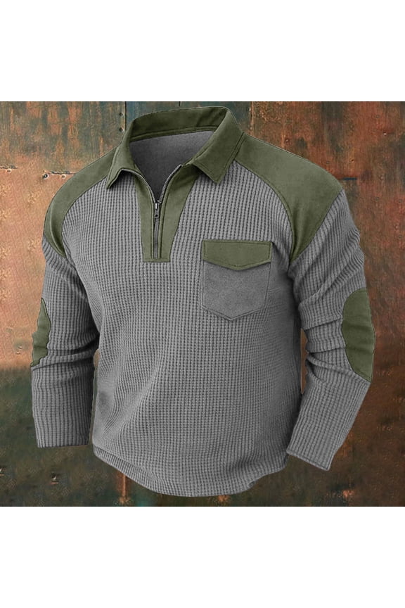 Quarter Zip Tops for Men Waffle V Neck Lapel Collar Shirts Comfy Long Sleeve Blouses with Elbow Patch Spring Tshirts