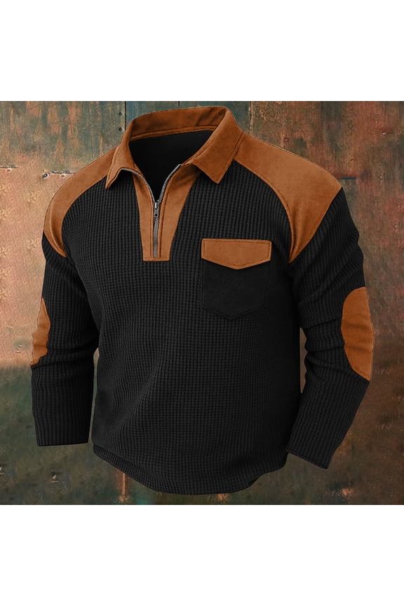 Quarter Zip Tops for Men Waffle V Neck Lapel Collar Shirts Comfy Long Sleeve Blouses with Elbow Patch Spring Tshirts