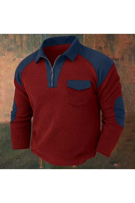 Quarter Zip Tops for Men Waffle V Neck Lapel Collar Shirts Comfy Long Sleeve Blouses with Elbow Patch Spring Tshirts
