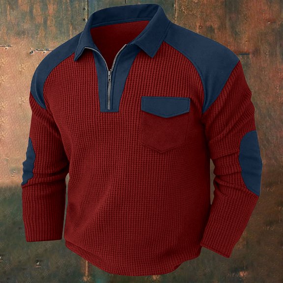 Yourumao Quarter Zip Tops for Men Waffle V Neck Lapel Collar Shirts Comfy Long Sleeve Blouses with Elbow Patch Spring Tshirts